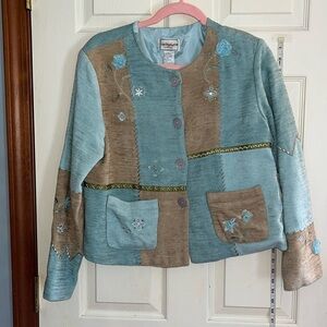 Napa Valley petites-m-blue/green/brown-button down,patchwork, embroidery jacket.